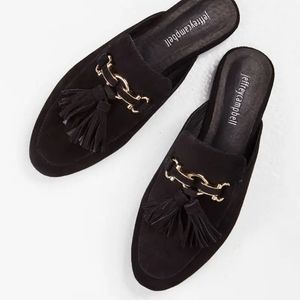 Jeffrey Campbell black velvet slides with tassels